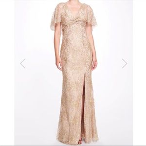 NEW Marchesa Notte Cape Sleeve Beaded Glitter Gown in Champagne Gold with Slit
